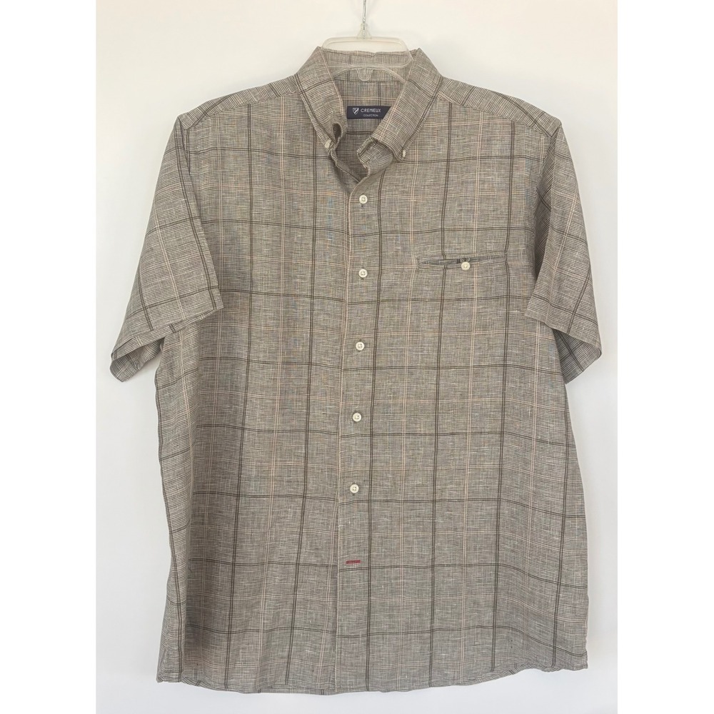 Cremieux Collection Mens Large Brown Plaid Linen Short Sleeve Button Down Shirt